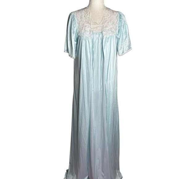Vintage 80s Nightgown Robe Pengoir Set Medium Blue Lace Nylon Short Sleeves - Picture 1 of 10